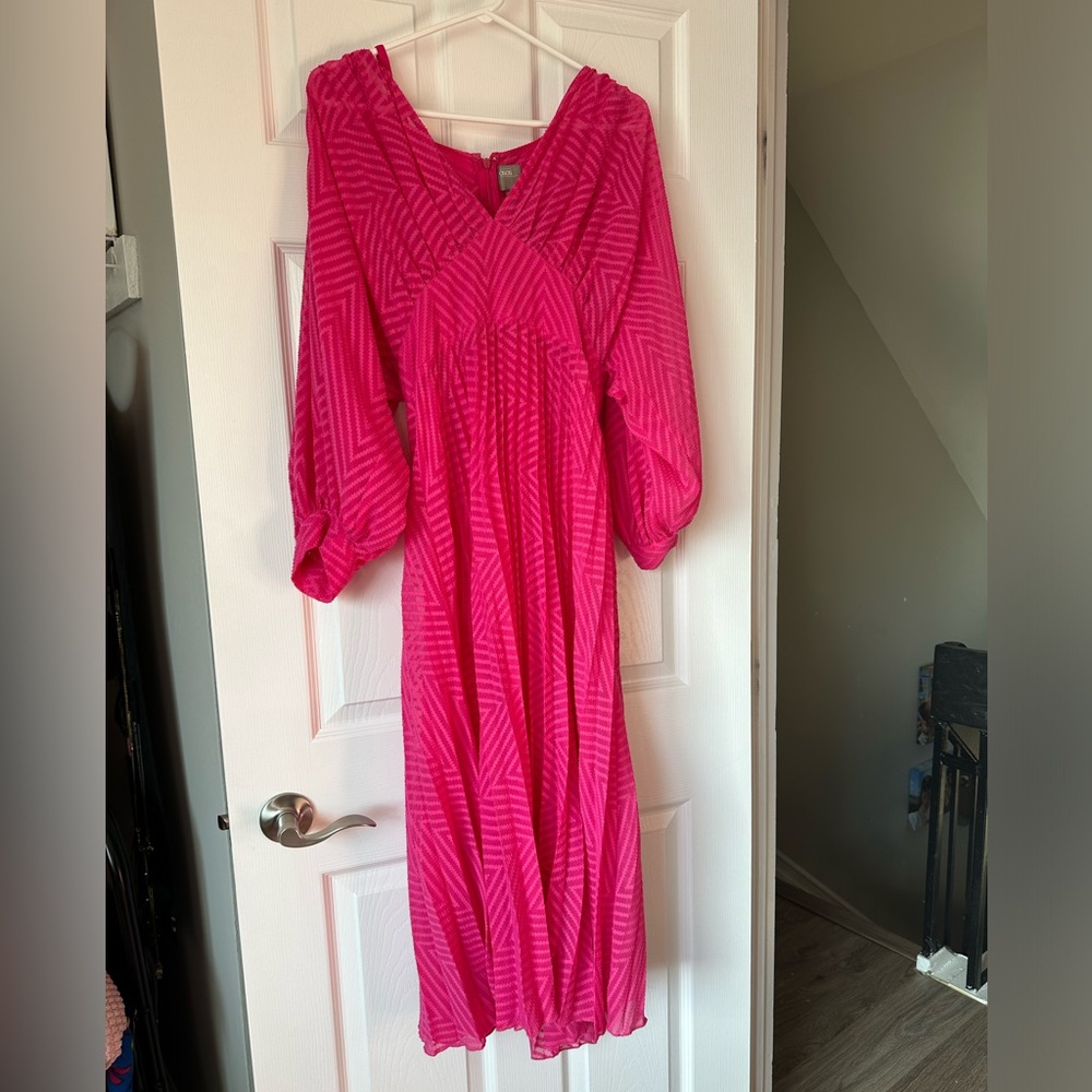 ASOS Hot Pink Pleated Batwing Chevron Dress With Slip